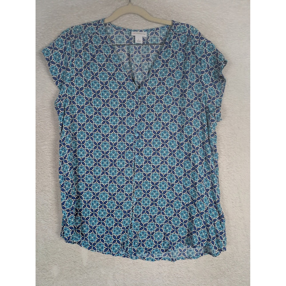 Liz Claiborne Button Down Top Women L Blue Geometric Floral V-Neck Short Sleeve
